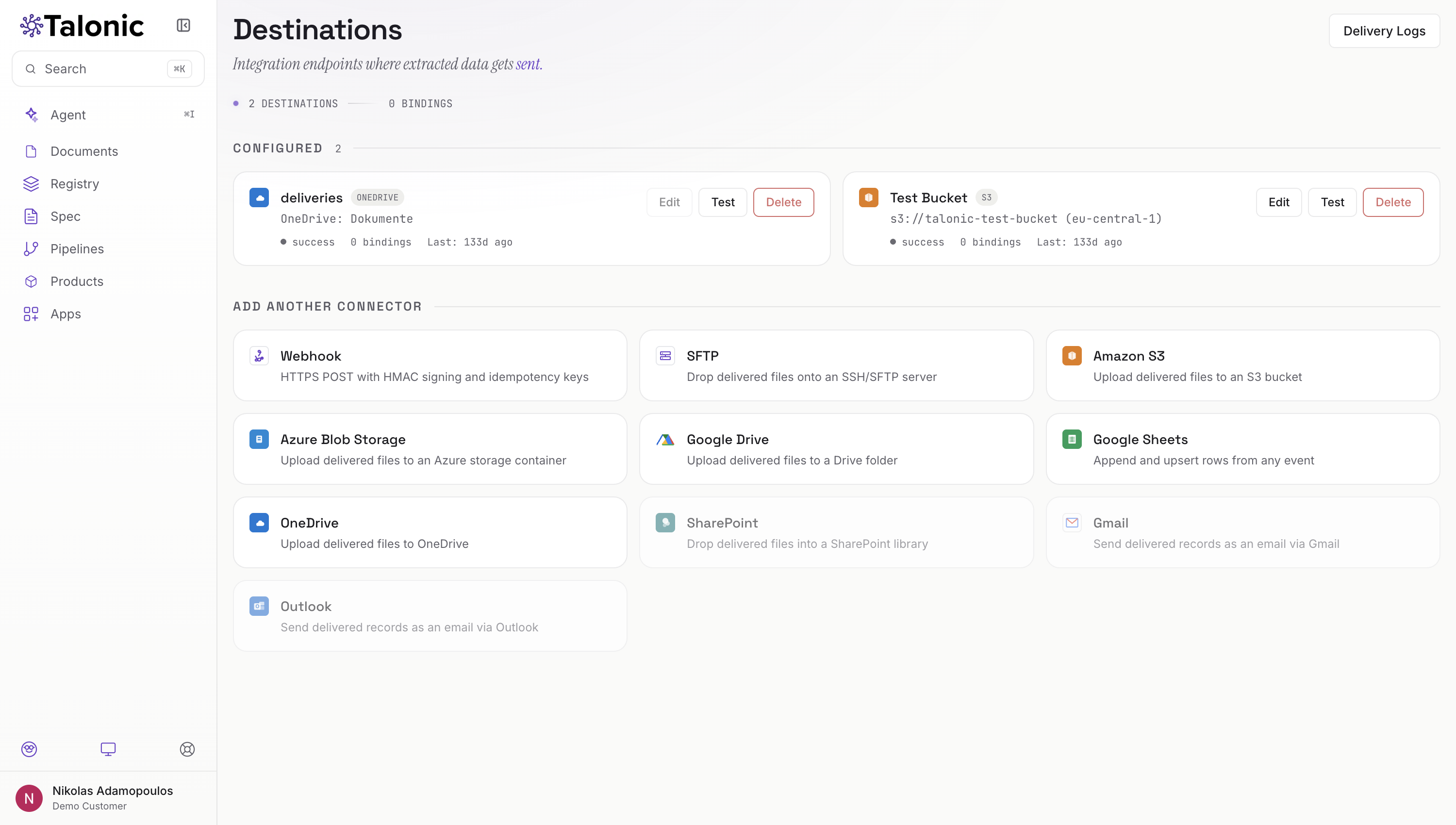 Talonic Destinations: configured OneDrive and S3 endpoints, plus webhook, SFTP, Azure Blob, Google Drive, Google Sheets, SharePoint, Gmail and Outlook connectors