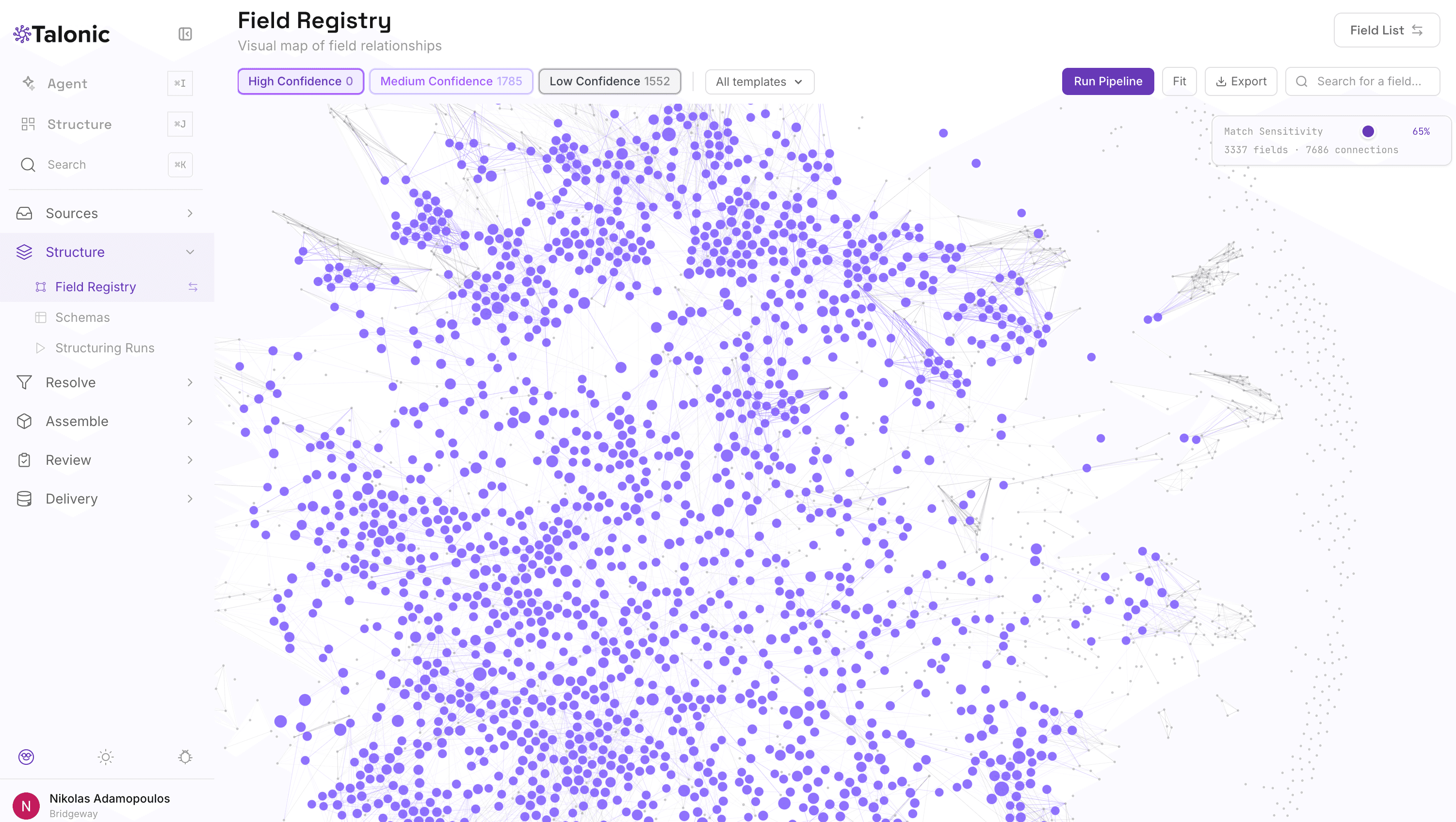 Talonic Field Registry knowledge graph showing 3337 fields and 7686 semantic connections with confidence-based clustering and match sensitivity controls
