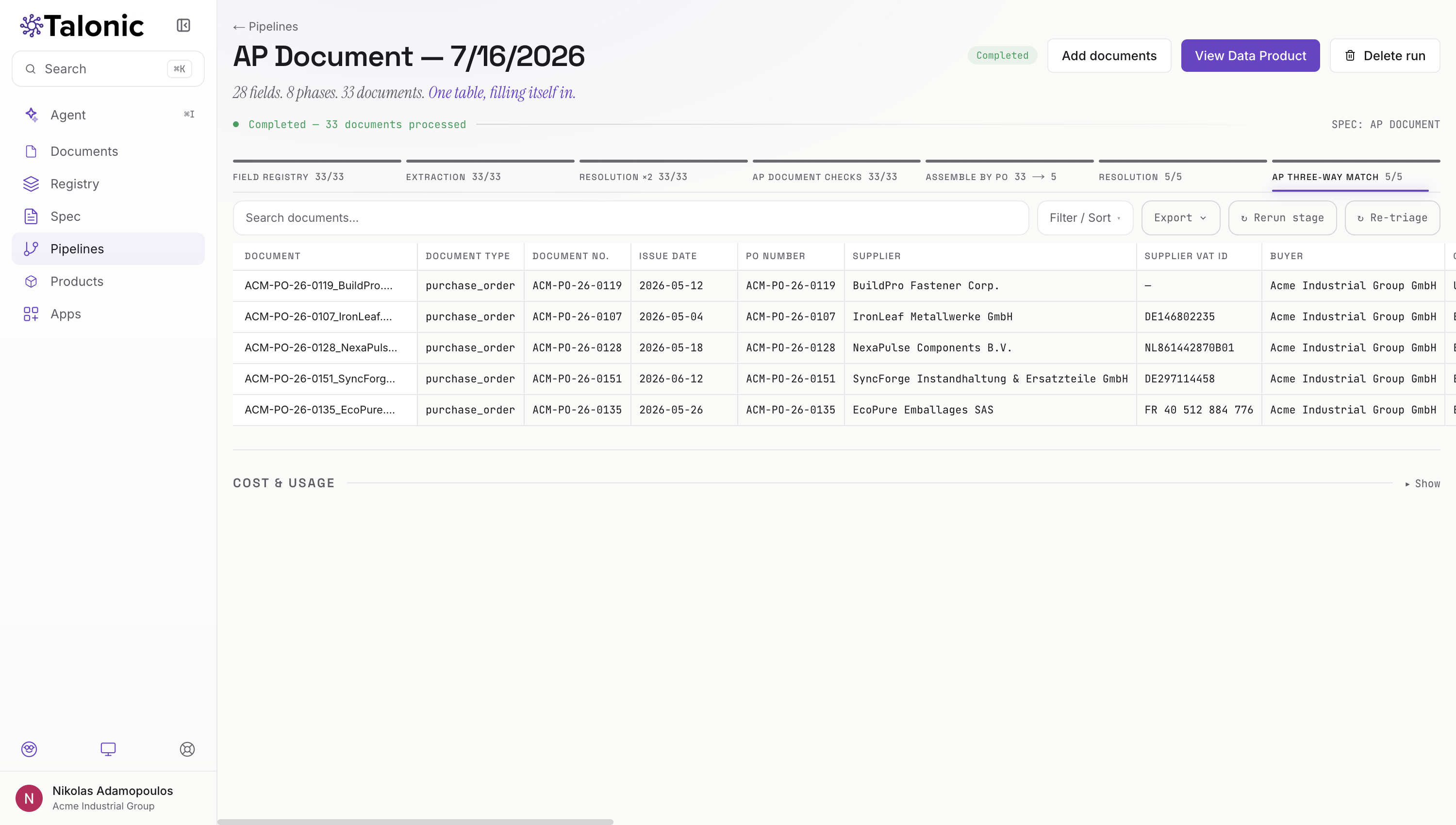 Talonic three-way match stage: five purchase orders reconciled against their goods receipts and invoices