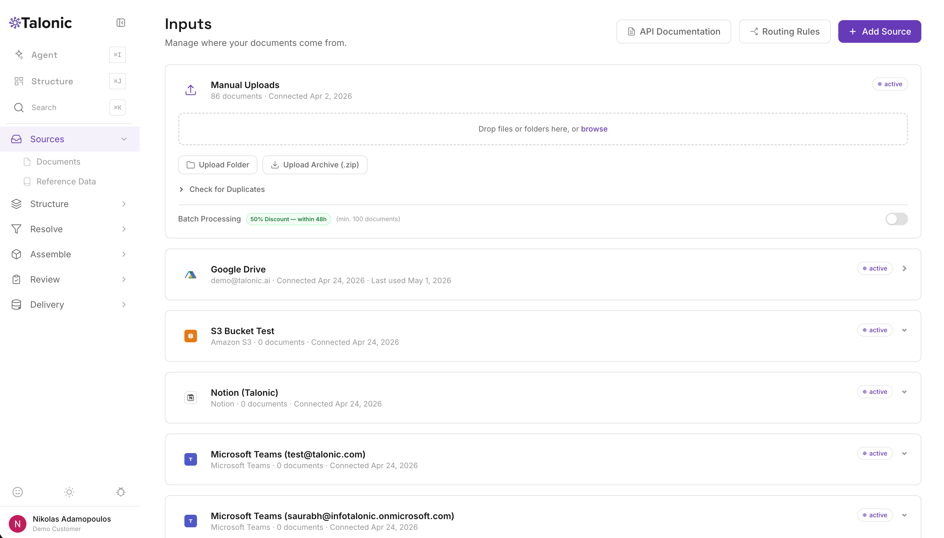 Talonic Sources page showing manual uploads, Google Drive, Amazon S3, Notion, and Microsoft Teams connectors with active status badges
