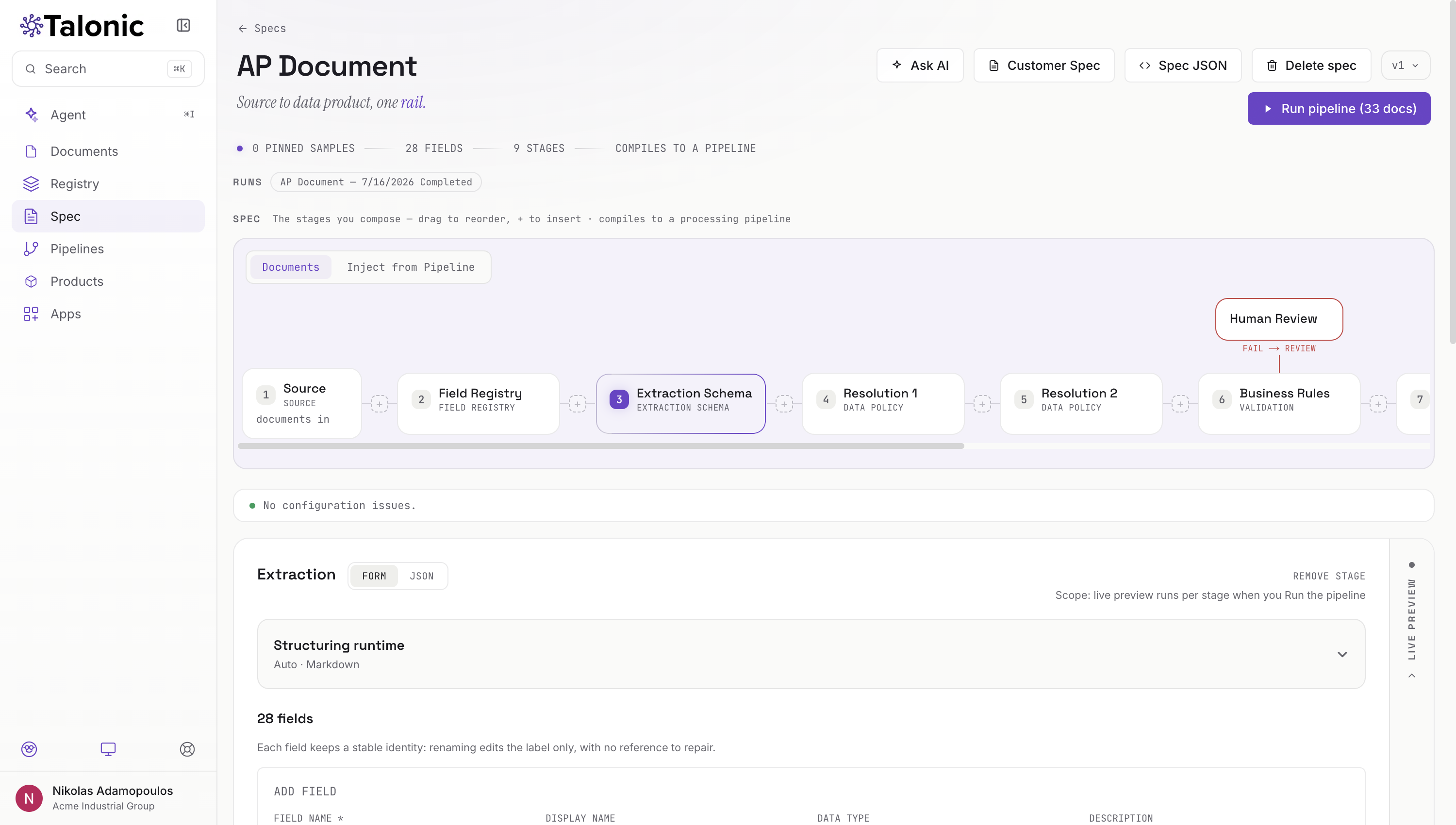 Talonic spec editor for an AP Document: nine stages on one rail from source to data product, with a human review branch when validation fails