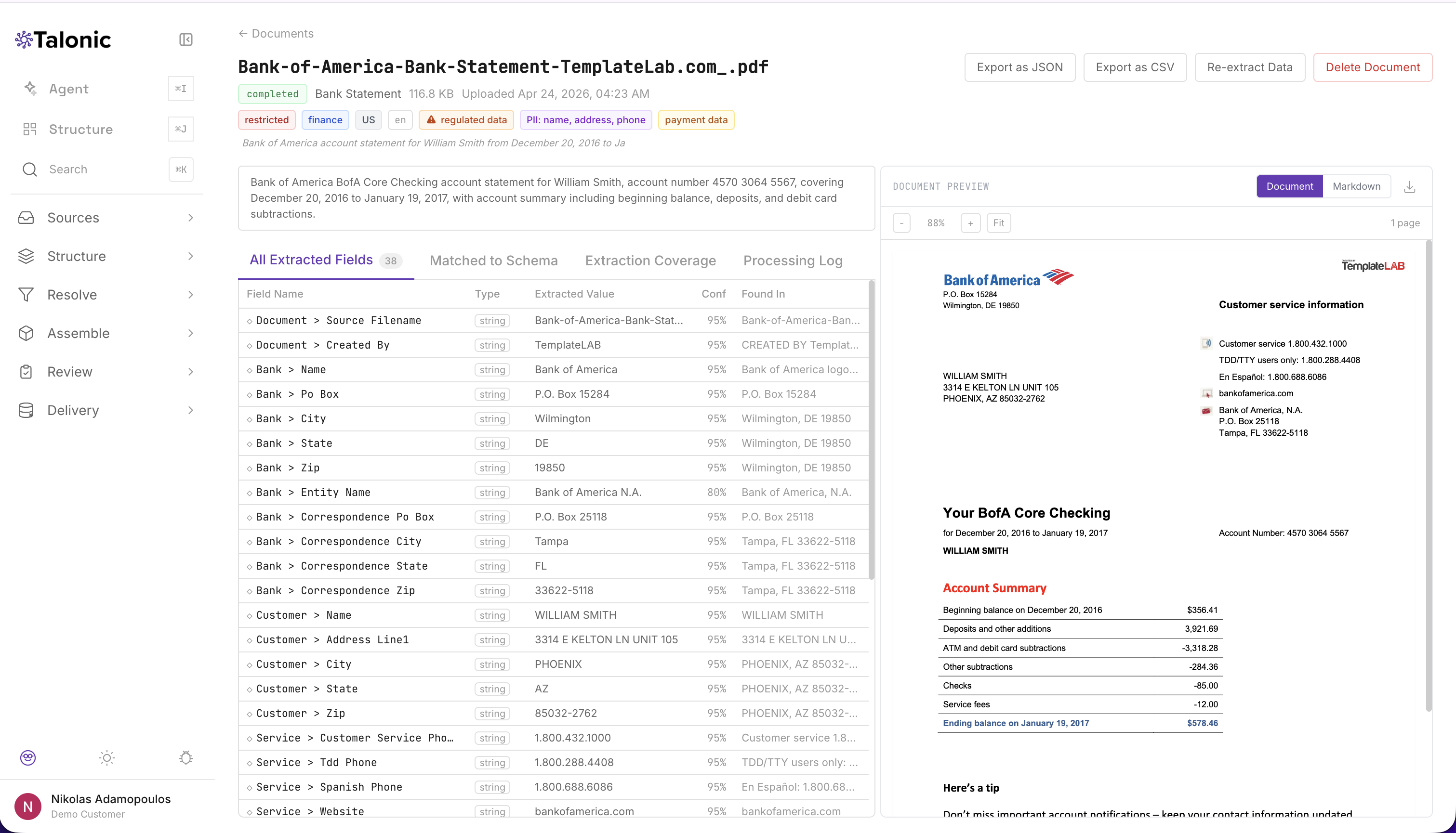 Document view: 38 extracted fields with type, value and confidence beside the source bank statement